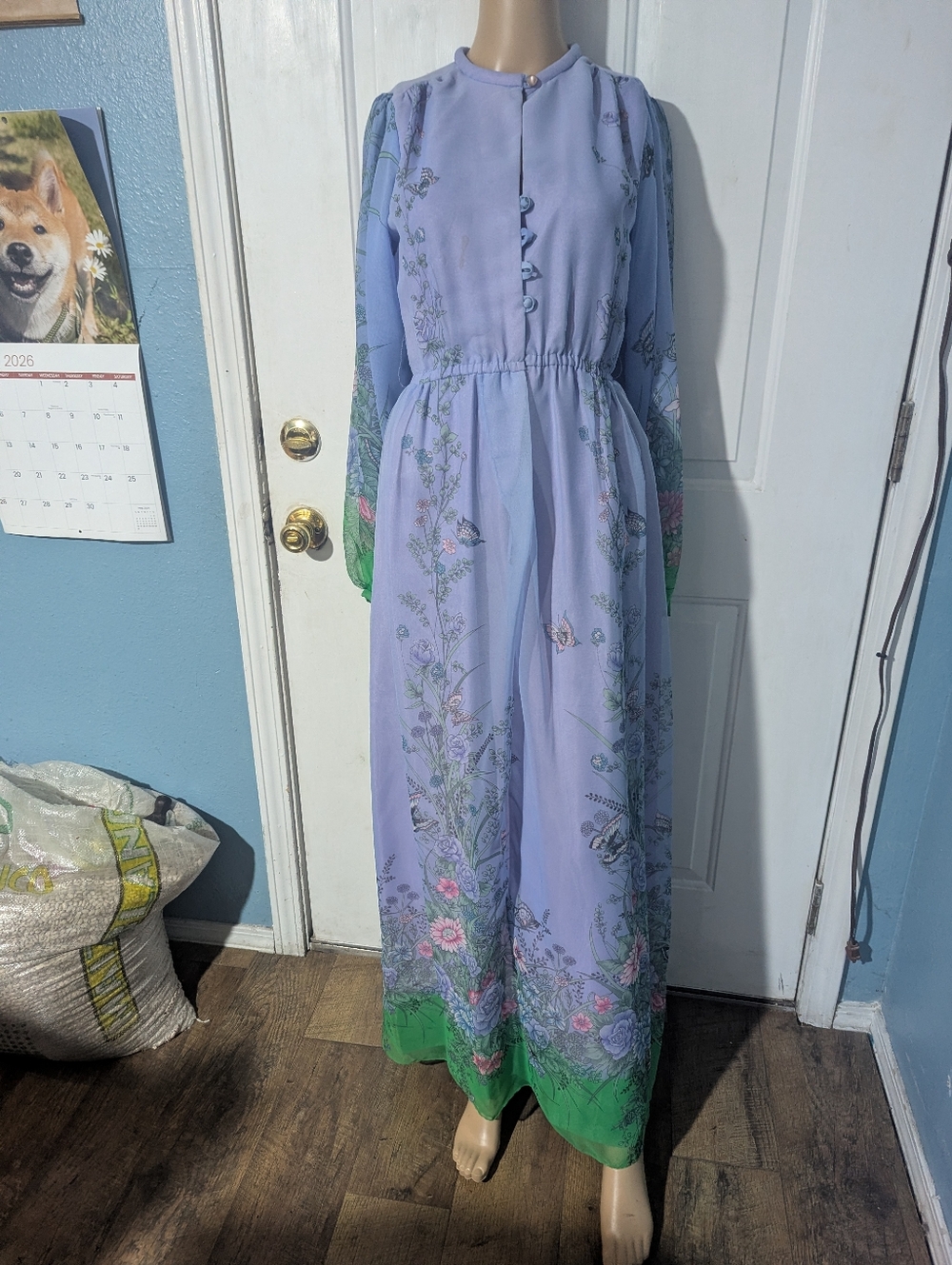 Victor Costa Lavender Maxi Dress with Green Floral Border